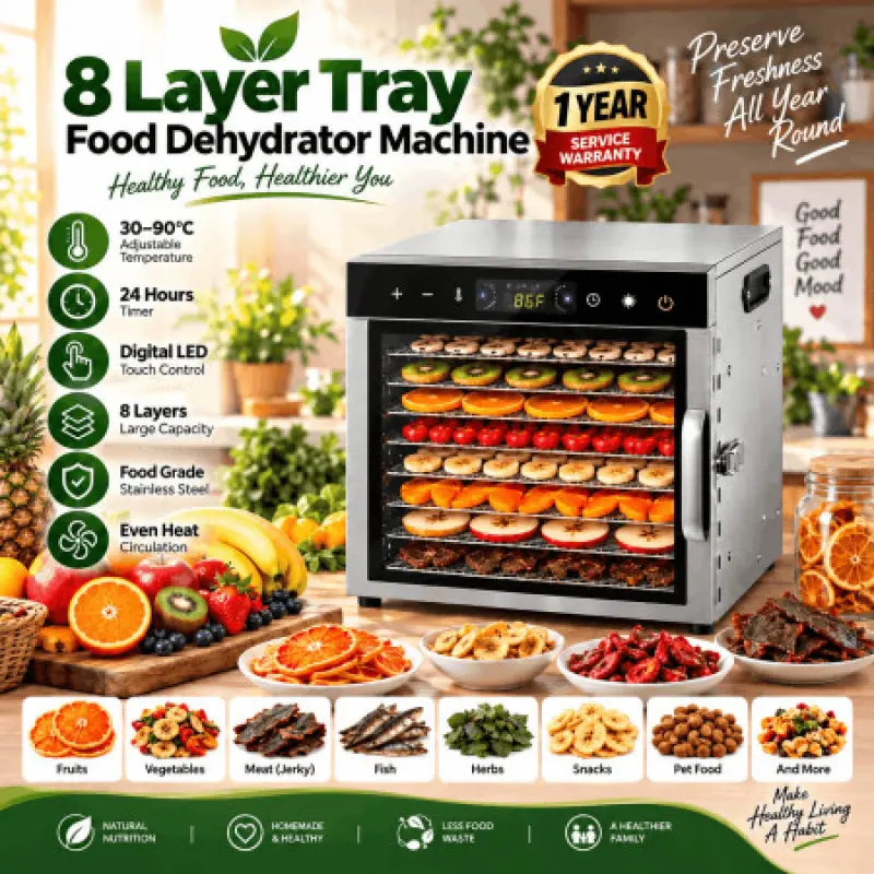 8 Layer Digital Stainless Steel Food Dehydrator Machine – Fruit, Vegetable, Meat & Beef Jerky Dryer - 000998